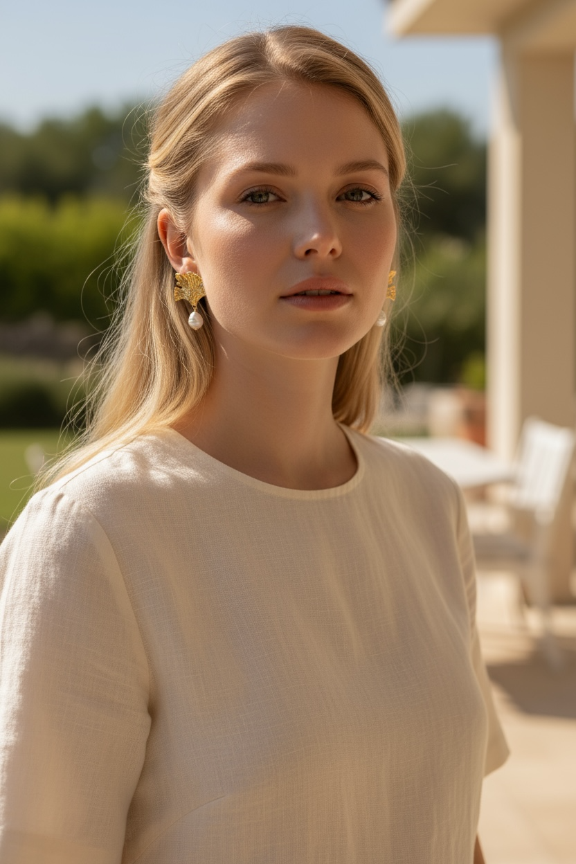 Gold leaf pearl earrings