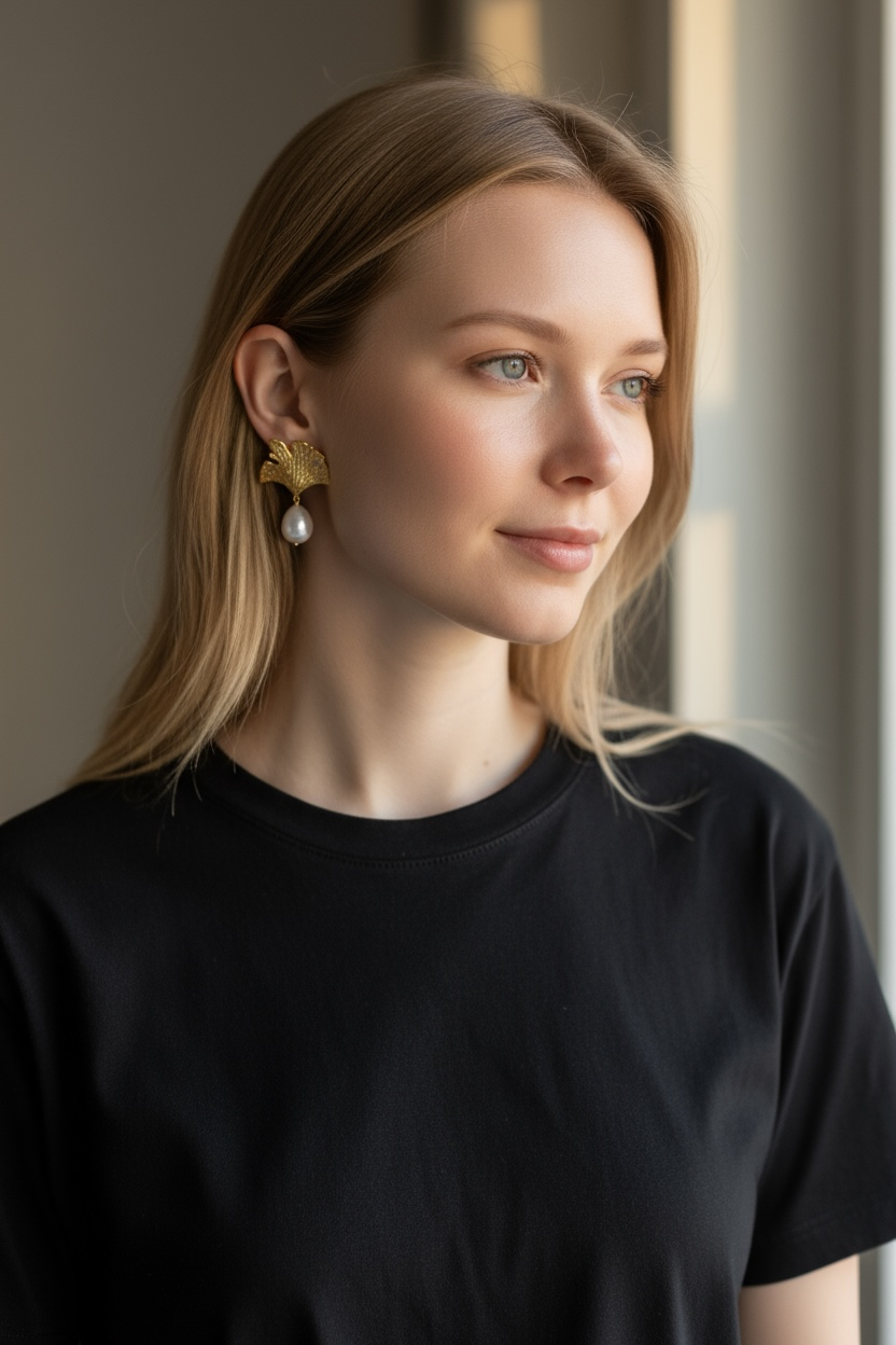 Gold leaf pearl earrings