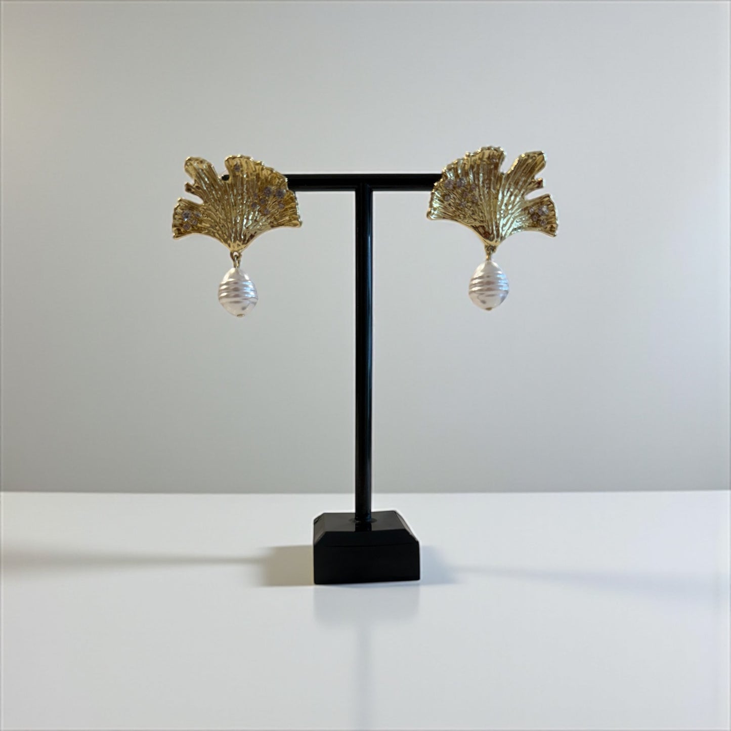 Gold leaf pearl earrings