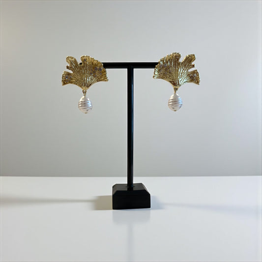 Gold leaf pearl earrings