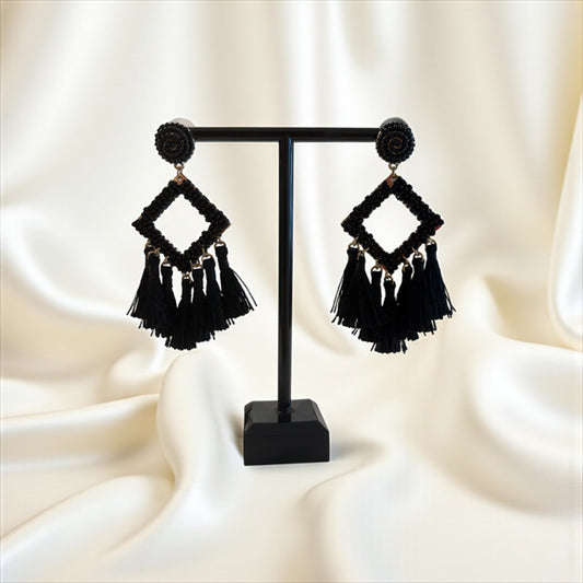 Black tassel drop earrings